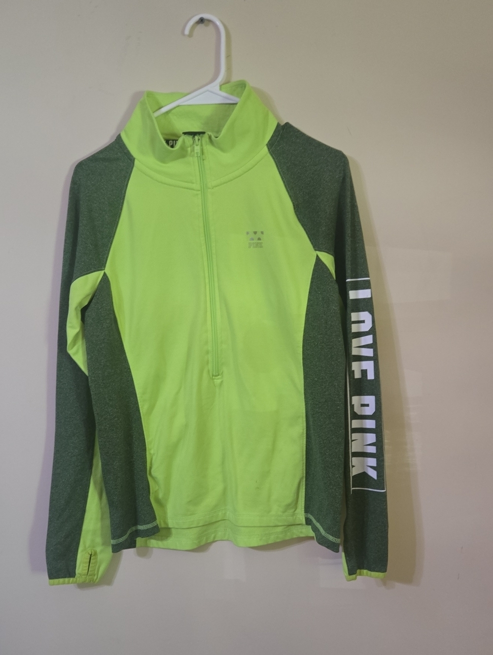 PINK Victoria's Secret Neon Lime & Heather Green Half-Zip Pullover